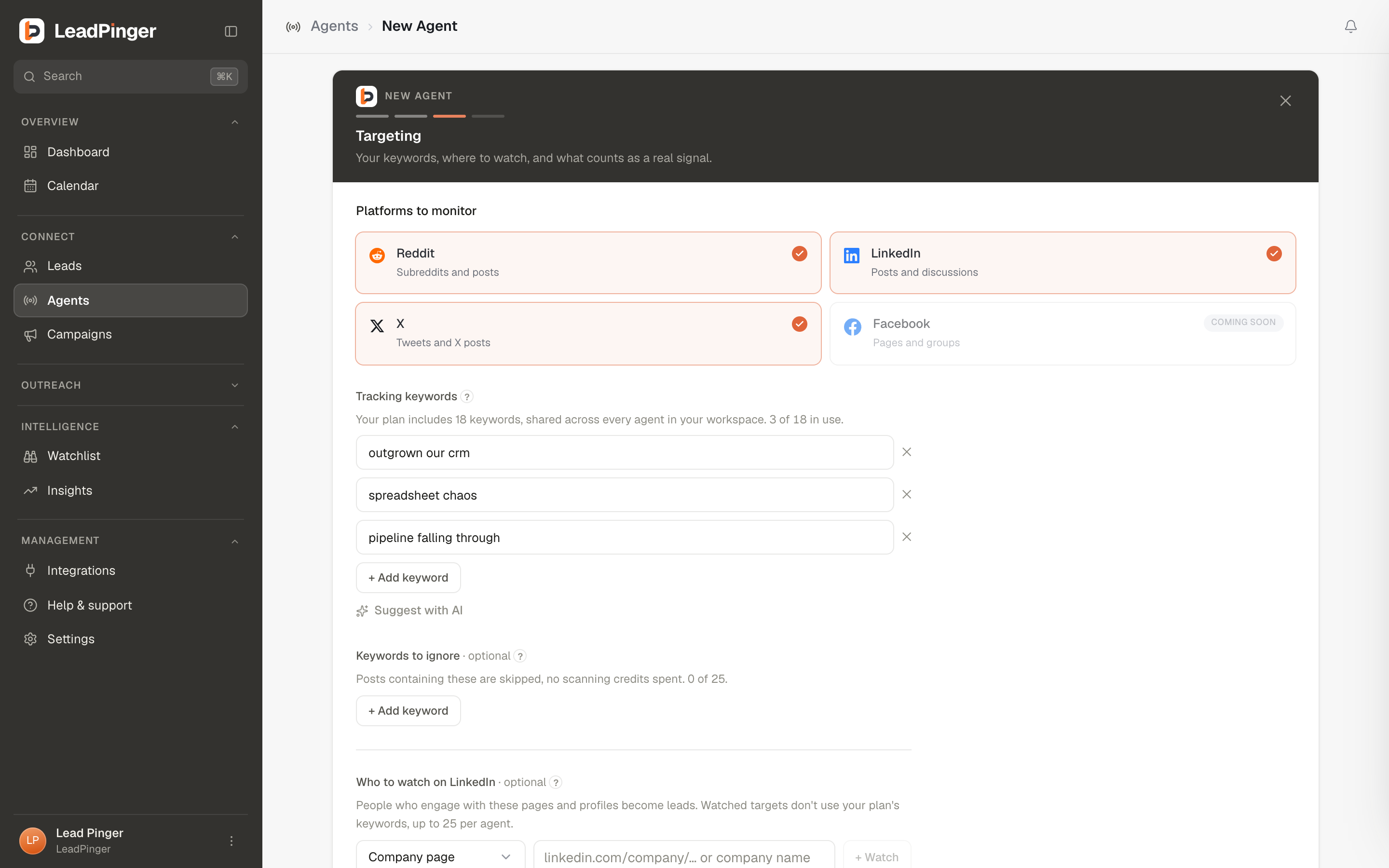 Step 3 of the wizard: platforms, keywords with the live counter, and filters