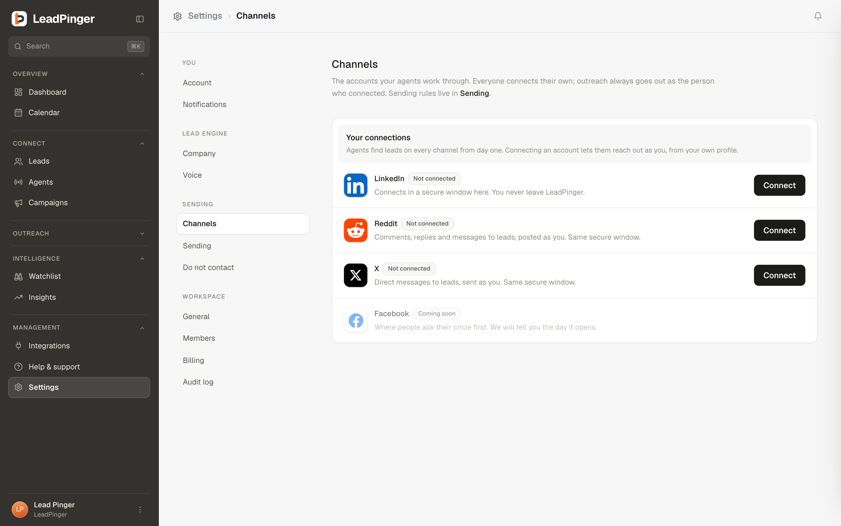 The Channels page in Settings: one row per platform, LinkedIn, Reddit and X, with Facebook coming soon