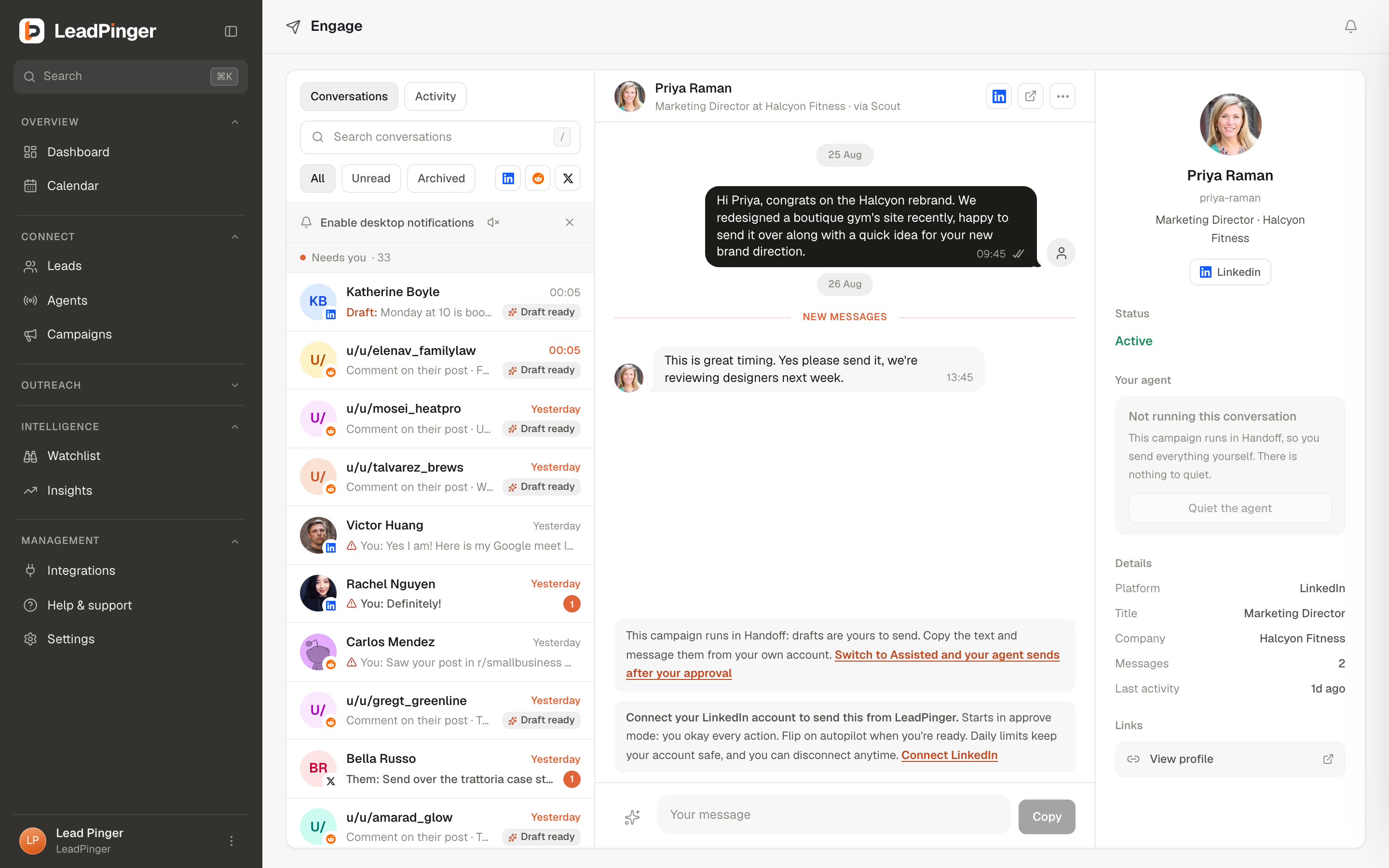 Engage: conversation list with draft badges, a two-way thread, and the profile rail