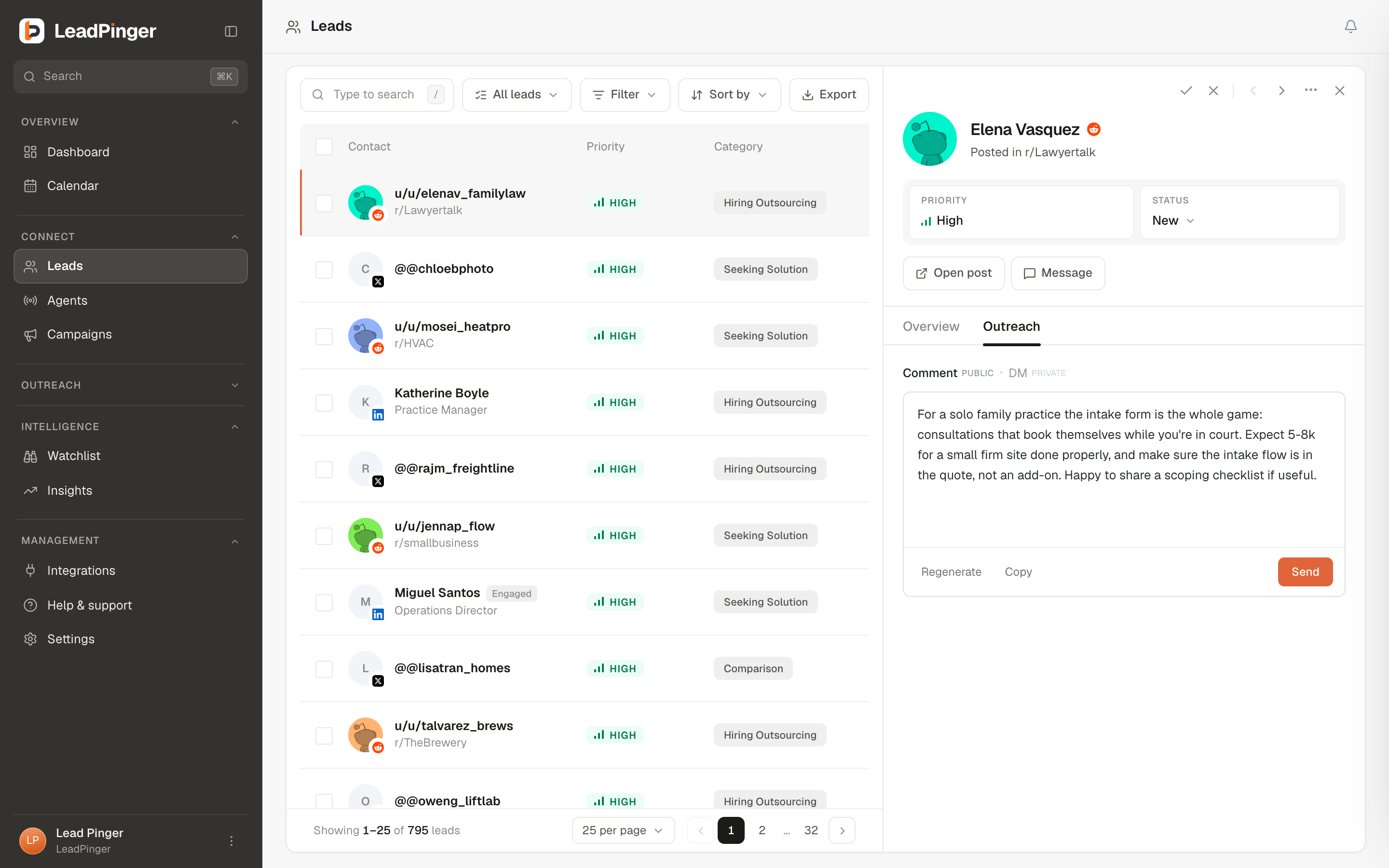The Outreach tab: the composer with its comment and DM lanes, and one-click send