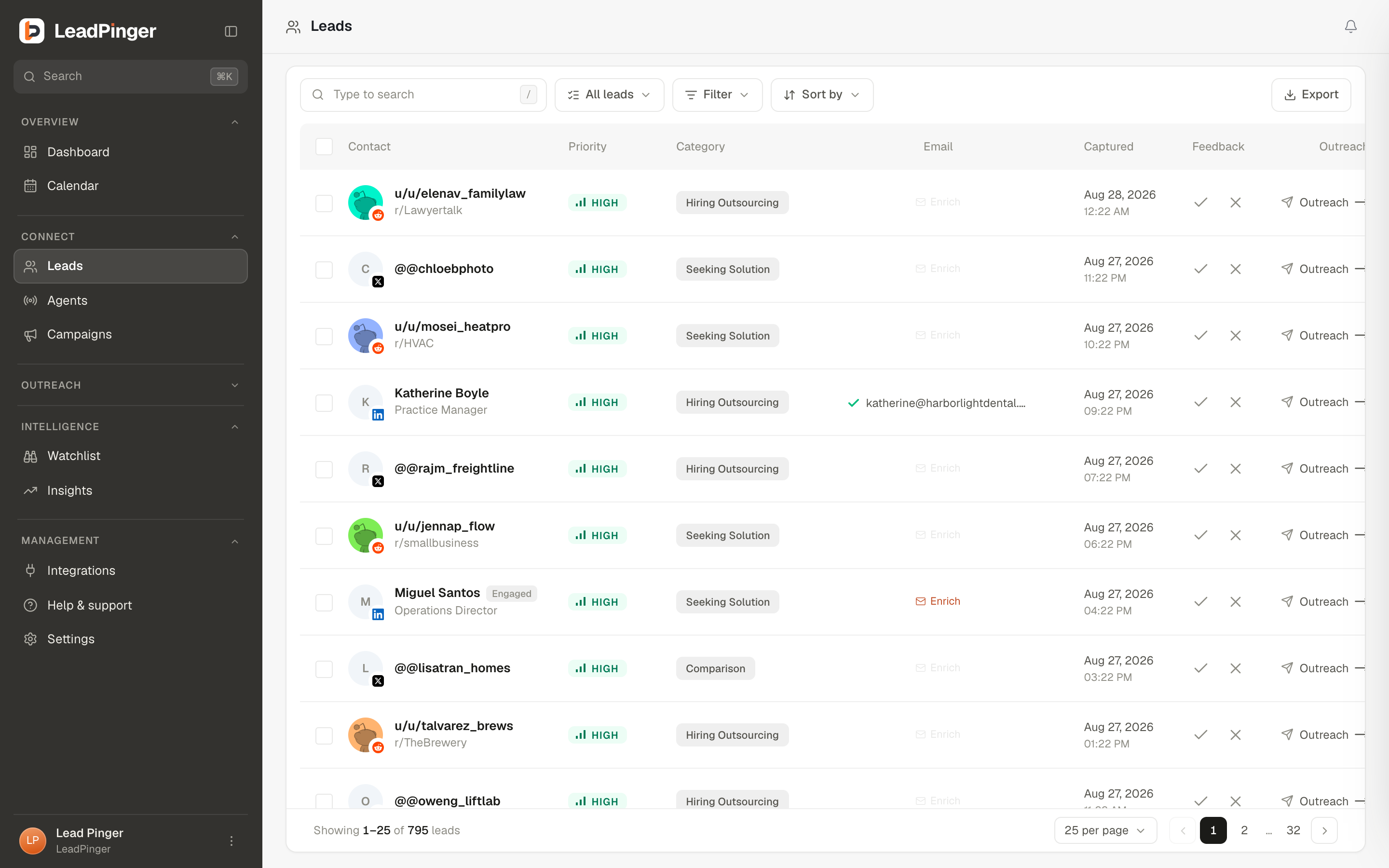 The Leads queue: filters, priorities, categories, and the bulk actions bar