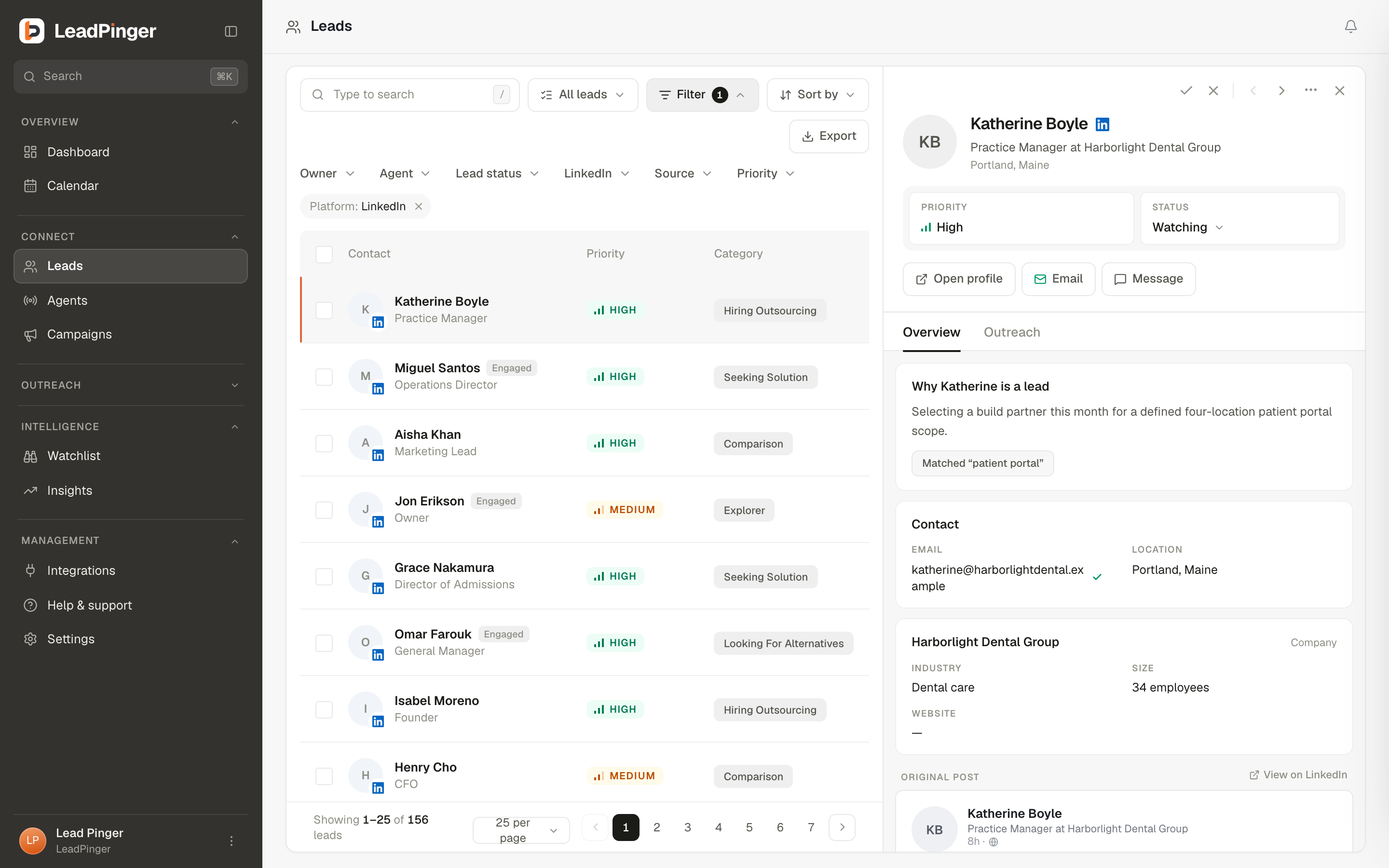 A LinkedIn lead: profile facts, company card, fit verdict and the original post