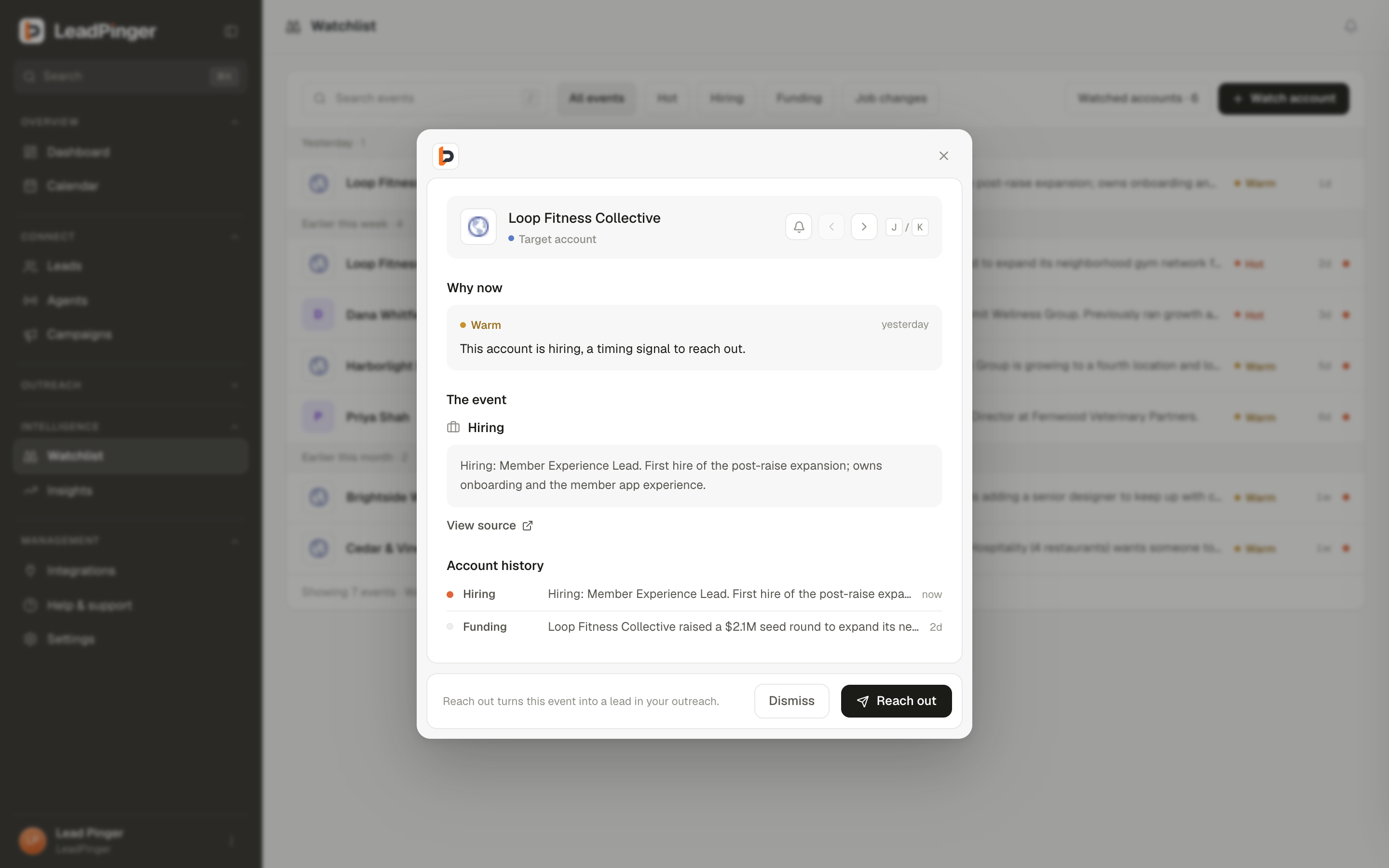 The Watchlist: hot signals across watched accounts, with the detail panel explaining why one matters