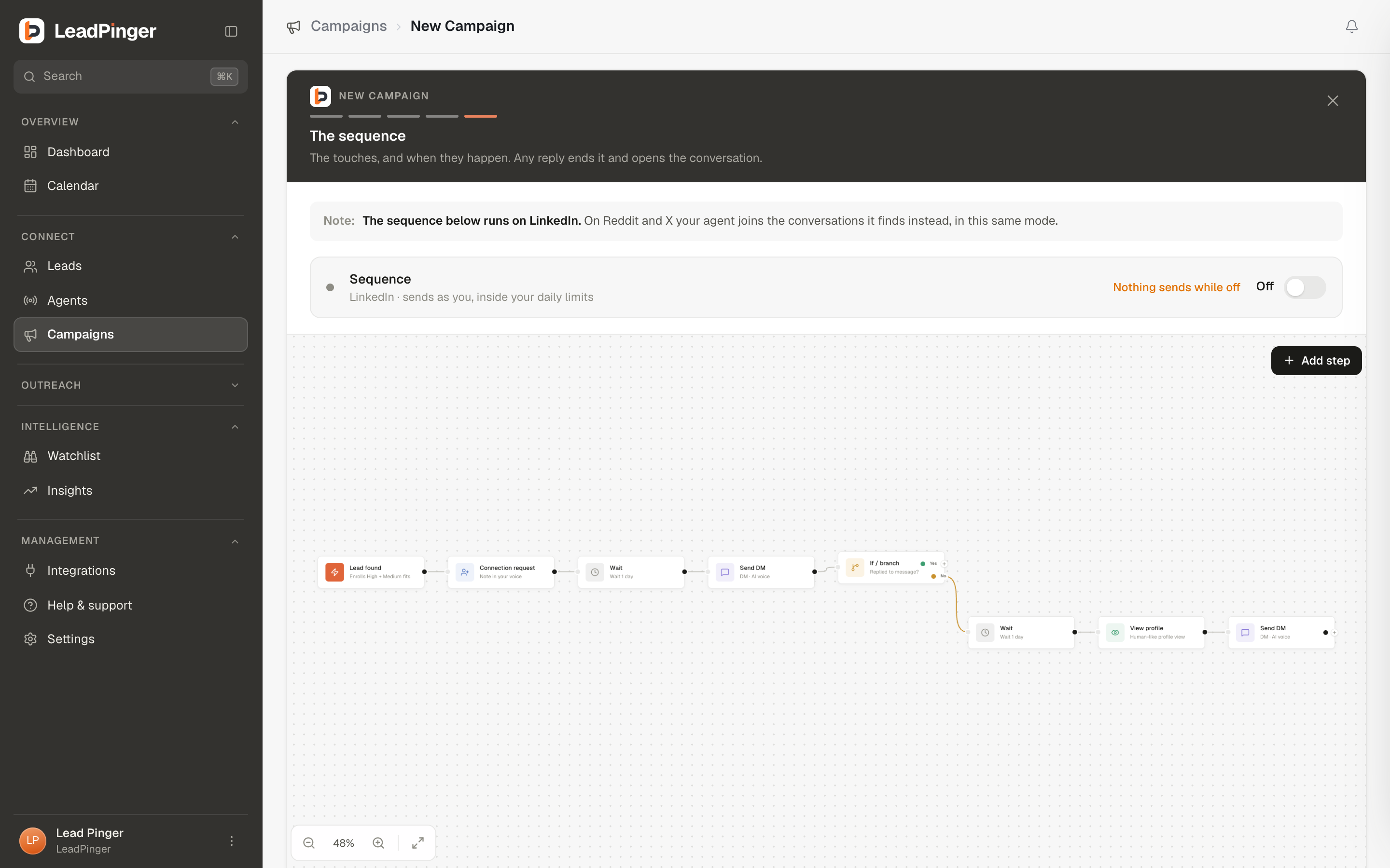 The sequence canvas in the campaign form: the default sequence with a reply branch